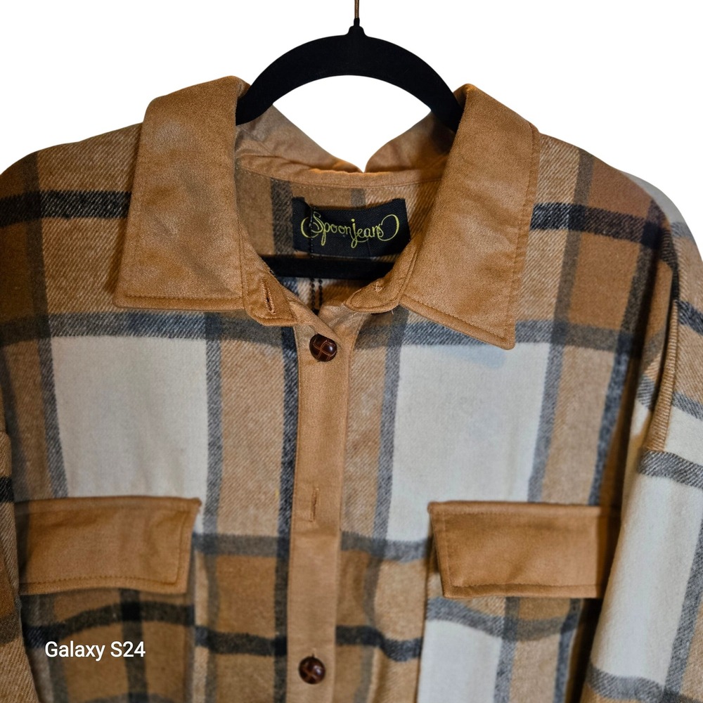 Spoon Jeans Plaid Shacket‎ Shirt Jacket Brown Tan Suede Elbow Patches Size 3X